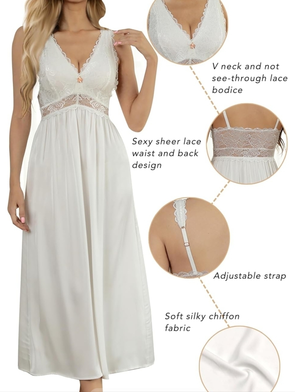 Lace Backless Sexy Long Satin Sleepwear Deep V Neck Sleeveless Nightgown Bride - Picture 6 of 11